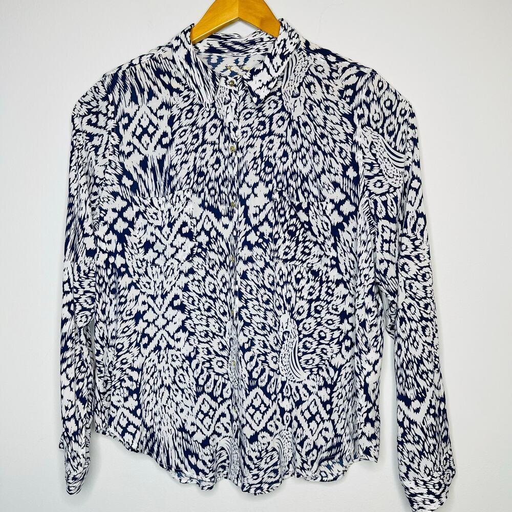Lilly Pulitzer Sea View Peacock Button Down Shirt Size XL New White/Navy